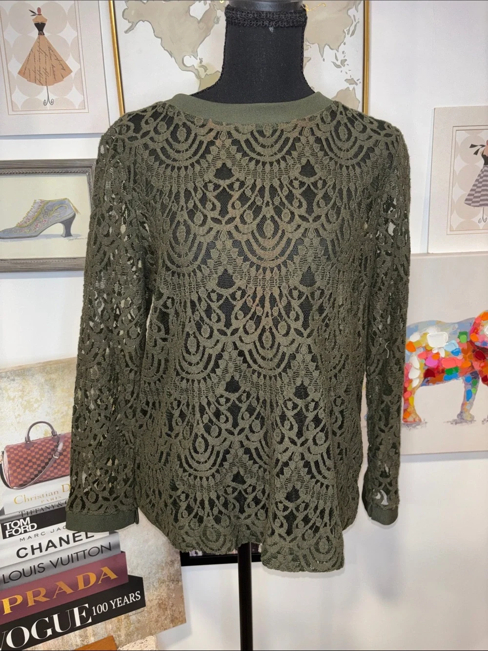 Banana Republic Olive Green Crochet Lace Long Sleeve Top